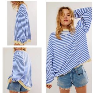 Free People Blue and White Striped Oversized Sweatshirt with yellow Trim